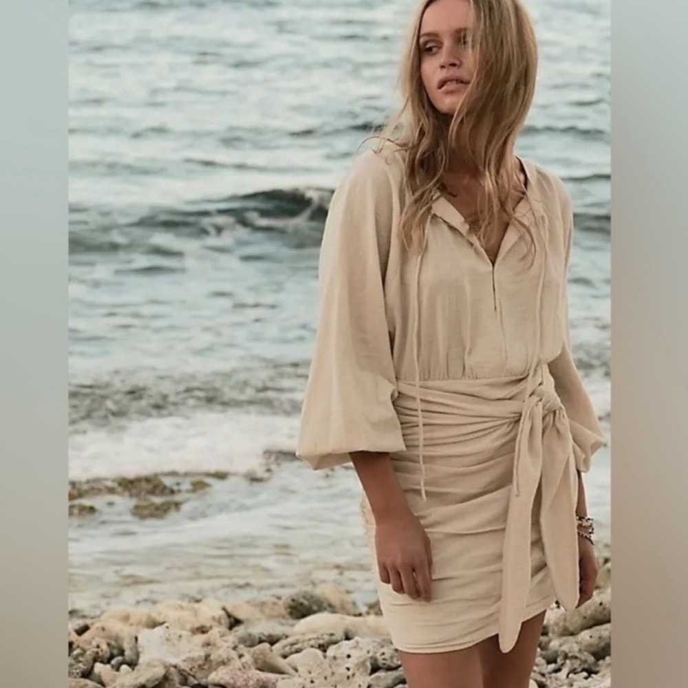Free People Mini Dress XS Cream Gauzy Boho Peasant Ruched Buttons Neutral NWT
